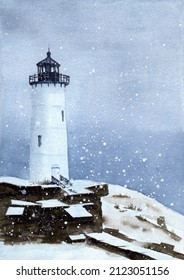 Watercolor illustration of a white lighthouse on a rocky snow-covered hill under snowfall