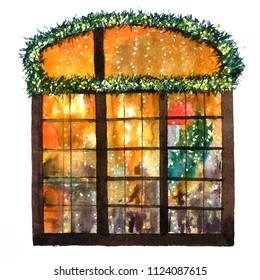 Watercolor Illustration Of A Window On Christmas Eve