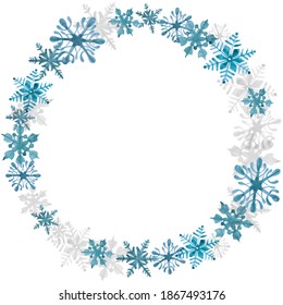 Watercolor Illustration Of Winter Blue Freezing Christmas Snowflakes Circle Frame Set