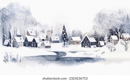 Watercolor illustration winter forest with houses and nature. christmas design. - Powered by Shutterstock