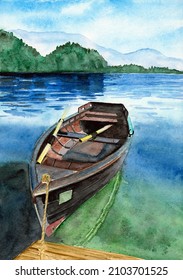 Watercolor Illustration Of A Wooden Fishing Boat With Oars At The Wooden Pier And The Distant Green Shore In The Background