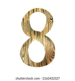 Watercolor Illustration Wooden Texture Numeral 8, Rural Style, Rustic Wedding