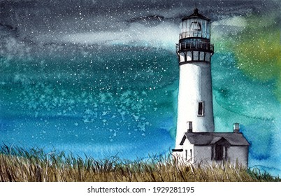 Watercolor Illustration Of The Yaquina Head Lighthouse On The Grassy Hill At Night With Beautiful Starry Sky On The Background
