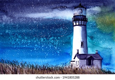 Watercolor Illustration Of The Yaquina Head Lighthouse On The Grassy Hill At Night With Beautiful Starry Sky On The Background
