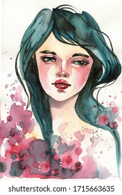 Watercolor illustration of a young, beautiful girl.