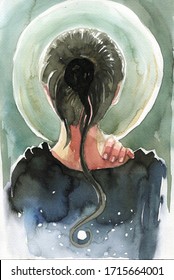 Watercolor illustration of a young, beautiful girl on moon.