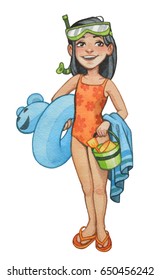 A watercolor illustration of a young girl wearing a flower swimsuit and flip flops and ready for the beach or the pool during summer vacation. She is holding a towel and toys and has swim goggles on.