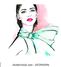 Watercolor Illustration Of A Young Woman With A Big Bow. Tiffany Color. Fashion Illustration. Fashion Portrait Close.