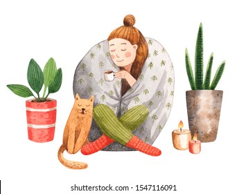 A watercolor illustration young woman sitting under blanket   drinking coffee  A girl enjoying hygge lifestyle cold day: cat  warm drink  candles  plants 
