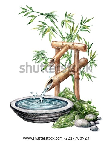 watercolor illustration of zen garden bamboo fountain. Spiritual nature landscape, isolated on white background