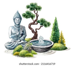 watercolor illustration of zen garden with buddha statue, bonsai tree and fountain. Spiritual nature landscape, isolated on white background