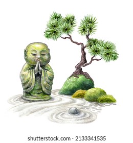 watercolor illustration of zen garden with buddha statue covered with moss and bonsai tree. Spiritual nature landscape elements, isolated on white background