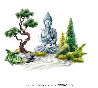 watercolor illustration of zen garden with buddha statue, bonsai tree and rocks. Spiritual nature landscape, isolated on white background