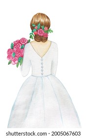 Watercolor illustration.Bride with bouquet of flowers.Hand drawn illustration for card.