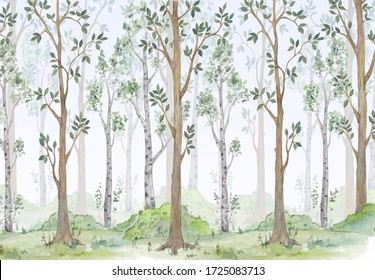 Watercolor illustration-Fairy forest. Children's interior Wallpaper.