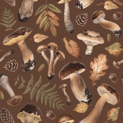 Watercolor Illustrations Of Autumn Forest Nature: Mushrooms, Leaves And Cones. Cottegecore Pattern Design. Perfect For Fabrics, Wallpapers, Home Textile, Packaging Design, Stationery And Other Print