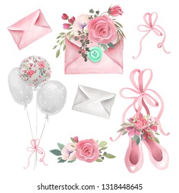 Watercolor illustrations ballet, ballerina theme - ballet shoes, envelopes (mails, letters), flowers and balloons - Powered by Shutterstock