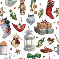 Watercolor Illustrations Of Christmas Hand Made Toys, Nutcracker, Present Boxes, Wooden Snowman, Christmas Ball, Gingerbread, Cinnamon. Pattern With Vintage Christmas Ornaments, Toy And Decoration.