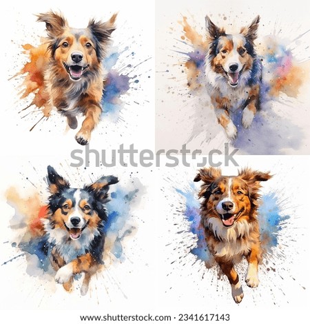 Watercolor illustrations of funny running dogs. happy dog