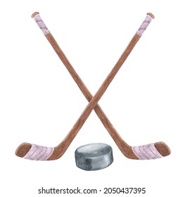Watercolor illustrations and hockey sticks   puck  Collection drawn elements for your design 