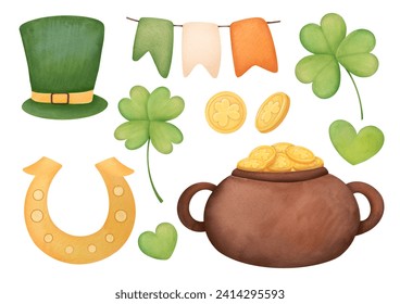 Watercolor illustrations set isolated on white background. st. patrick's day collection - green bowler hat, garland in colors of Irish flag, four-leaf clover, coins, money pot, horseshoe for good luck - Powered by Shutterstock