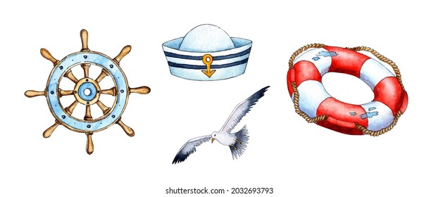 Watercolor illustrations set of steering wheel, seagull, peakless cap, lifebuoy. Naval support, sailor property. Collection of marine adventures. Isolated over white background. Drawn by hand.