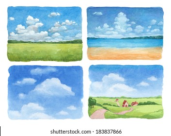 Watercolor Illustrations Set Of A Summer Landscape