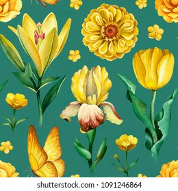 Watercolor illustrations yellow flowers  Seamless pattern