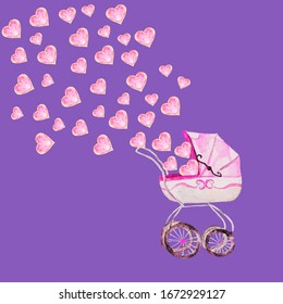 watercolor image of a baby stroller for a girl ,baby beige with pink color with patterns from which hearts fly out symbolizing mother's love, the beautiful expectation of the birth of a child - Powered by Shutterstock