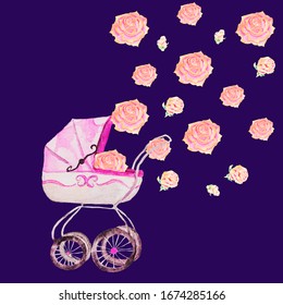 watercolor image of a baby stroller for a girl , baby beige and pink with patterns that fly out of roses, flowers symbolizing mother's love, a beautiful expectation of the birth of a child - Powered by Shutterstock