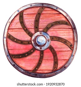 watercolor image of a basic viking war shield in red with a solstice pattern
