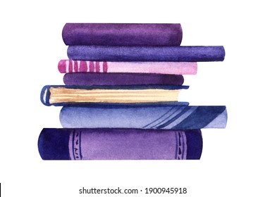 Watercolor Image Of Books Stacked On Top Of Each Other. Pile Of Colorful Books Isolated On White Background. Book Spines Of Blue, Pink And Purple Colors. Decorative Element For Scrapbooking.