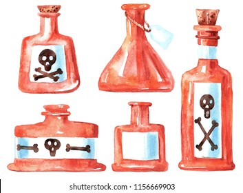 watercolor image bottle and poison  Halloween  label and skull   bones