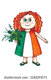 watercolor image of a cartoon red-haired girl in a dress in the colors of the flag of Ireland and with a bouquet of clover in her hands. illustration for children