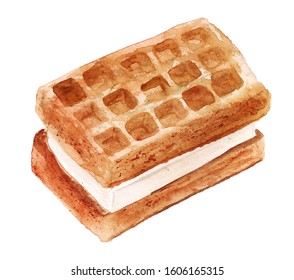 Watercolor Image Of Delicious Waffles Isolated On White Background.