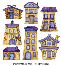 Watercolor Image Of Houses, A Set In The Same Style For Decoration, Postcards, Wallpaper, Flyers, Children's Products. Fabulous Dwellings.