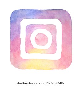 Watercolor Image Of Mobile Phone Icon. Icon Photo Camera. Social Media Theme. Hand Drawn Symbol, Button.