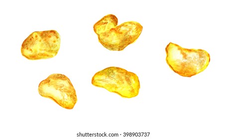Watercolor Image Of Potato Chips On White Background