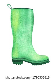 Watercolor image of single thick-soled rubber boot. Autumn waterproof green wellington isolated on white background. Hand drawn decorative element for scrapbooking