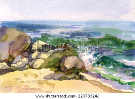 Watercolor image of the waves and the sea cliffs 