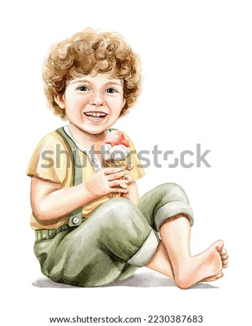 Watercolor imaginary characters cute little red hair boy in clothes sitting on the floor and holding ice cream cone isolated on white background. Hand drawn illustration sketch