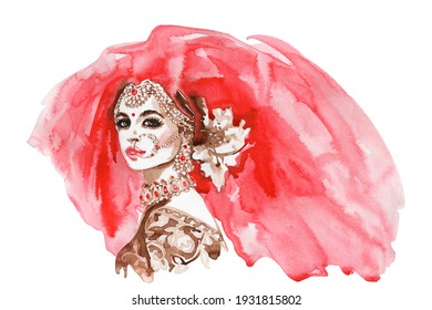 Watercolor Indian Traditional Bride With Red Sari And Earrings. Hand Drawn Female Portrait. Painting Fashion Illustration On White Background.