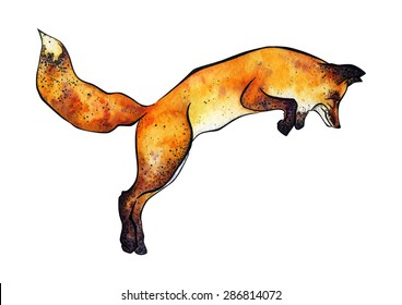 Watercolor with ink border hand drawn stylized jumping fox (profile) isolated on white background