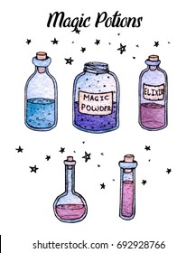 Watercolor And Ink Hand Painted Potions And Witchy Bottles Isolated On The White Background. Set Of Elixirs.