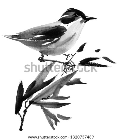 Watercolor and ink illustration of bird on the tree branch, sumi-e oriental painting, hand drawn art
