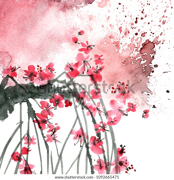 花桜の枝の水彩と墨絵水しぶき墨絵 罪の書風の東洋伝統画 芸術的なイラスト のイラスト素材