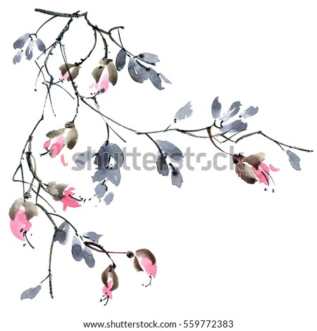 Watercolor and ink illustration of blossom tree branch. Sumi-e, u-sin painting.