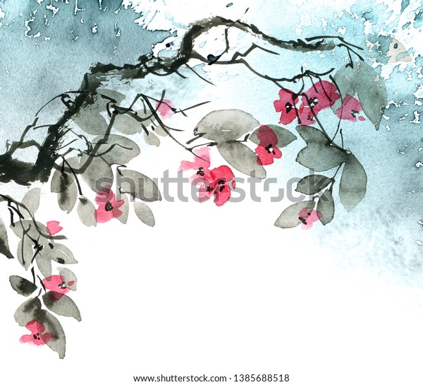 花の咲く花の枝の水彩と墨絵 墨絵 罪の書風の東洋伝統画 芸術的なイラスト のイラスト素材 花の咲く花の枝の水彩と墨絵 墨絵 罪の書風の東洋伝統画 芸術的なイラスト のイラスト素材