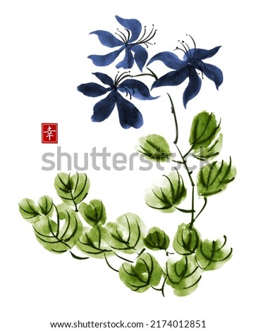 Watercolor and ink illustration of flowers. Clematis flowers isolated on white background. Traditional oriental art painting sumi-e, u-sin, go-hua. Contains hieroglyph - happiness. For greeting cards.