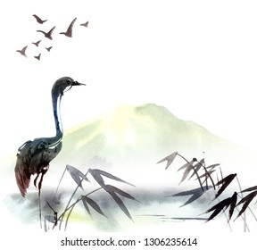 Watercolor and ink illustration of heron bird, sumi-e oriental painting, hand drawn art